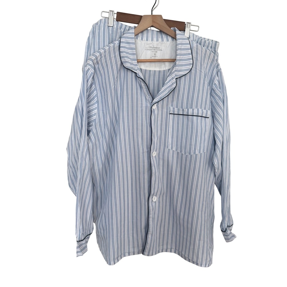 Vermont Country Store Pajama Set XL Blue White Striped Cotton Shorts Long Sleeve
